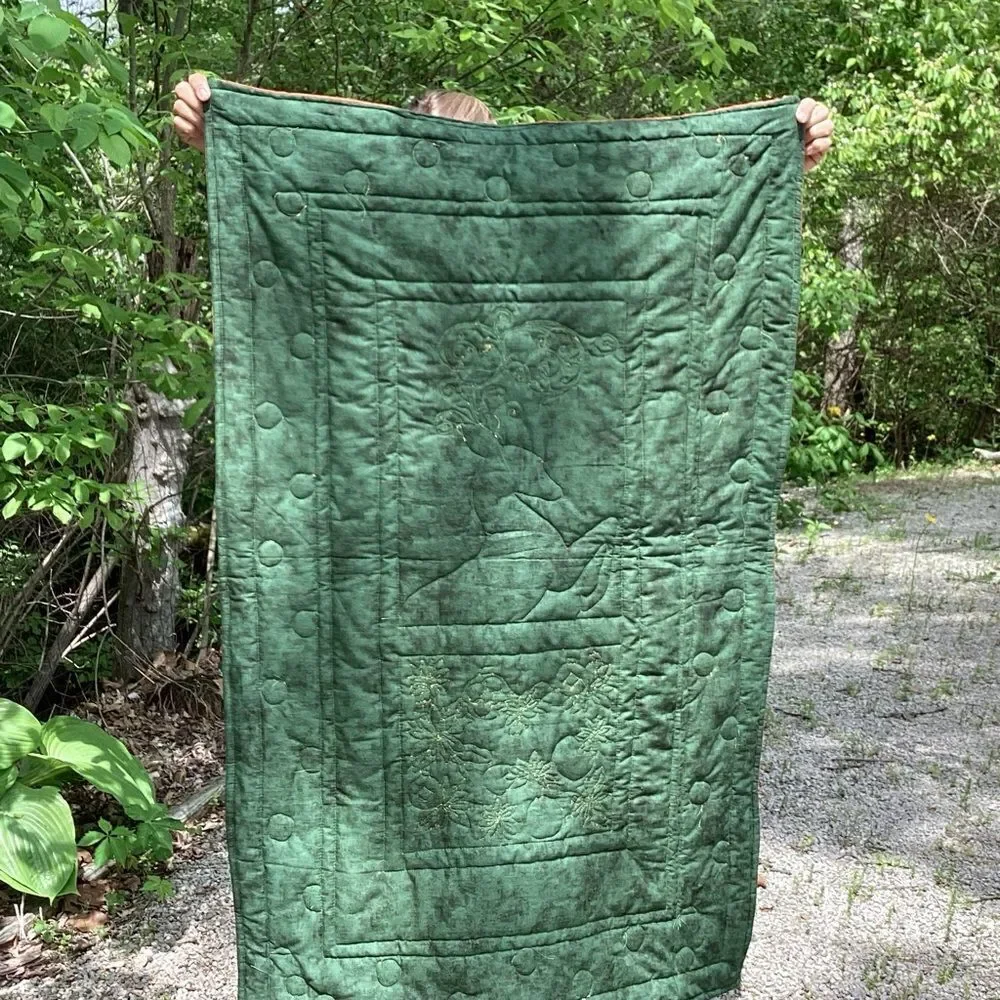 NWT. Hand Crafted Golden Reindeer Lap Quilt/Wall Hanging